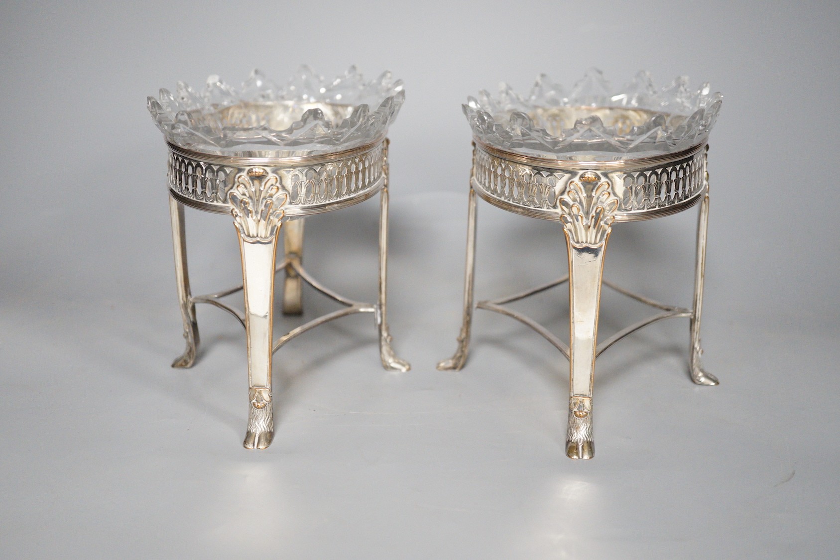 A pair of silver plated & cut glass sweetmeat dishes on stands, 13 cms high